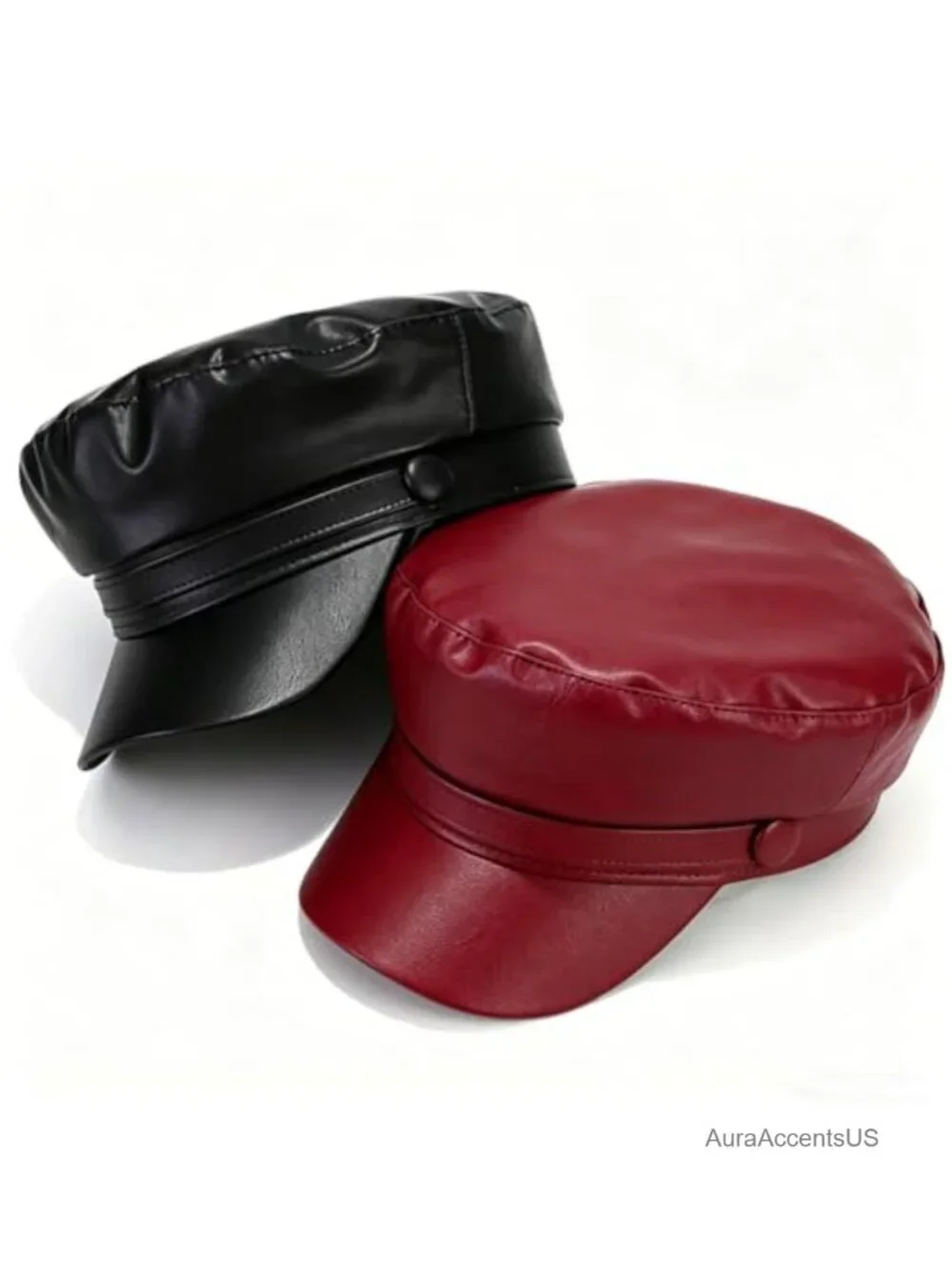 PU Leather Newsboy Cap Vintage Military Flat Top Beret Hat Women